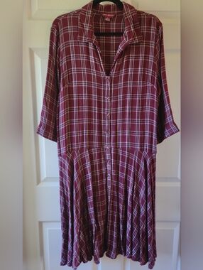 APRIL CORNELL BURGUNDY PLAID BUTTON FRONT DRESS, WOMEN'S XL
